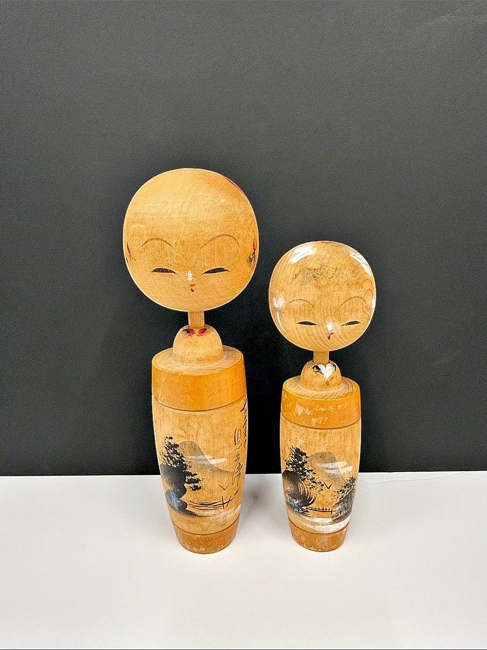 Vintage Japanese Kokeshi Wooden Dolls Pair 7” & 5.5” Hand Painted Folk Art